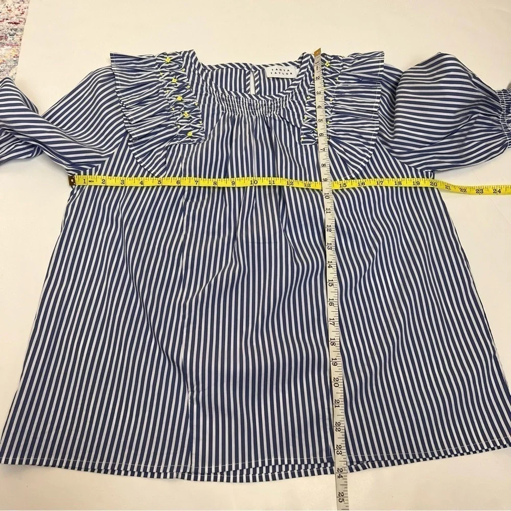 Tanya Taylor Pilar Striped Ruffle-Trim Blouse size 8 Blue White Cotton Blend - Picture 10 of 14